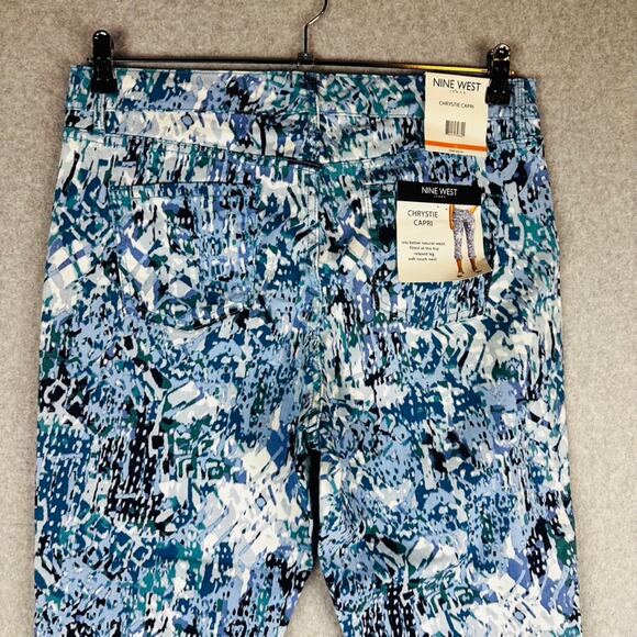 New Nine West Womans Sz 12 Chrystie Capri Pants Abstract Blue Cuffed Stretch NWT - Picture 7 of 9